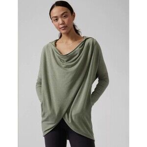 Athleta Purana Wrap Green Drape Front Hooded Long Sleeve Tunic Top size S Dolman